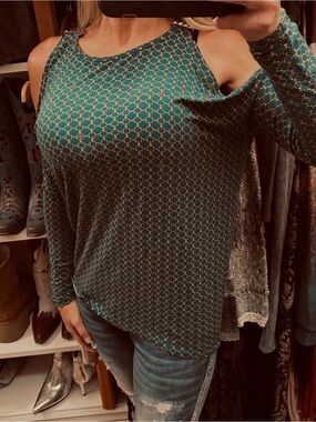 Michael Kors Teal and Gold Cold-Shoulder Geometric Tunic
